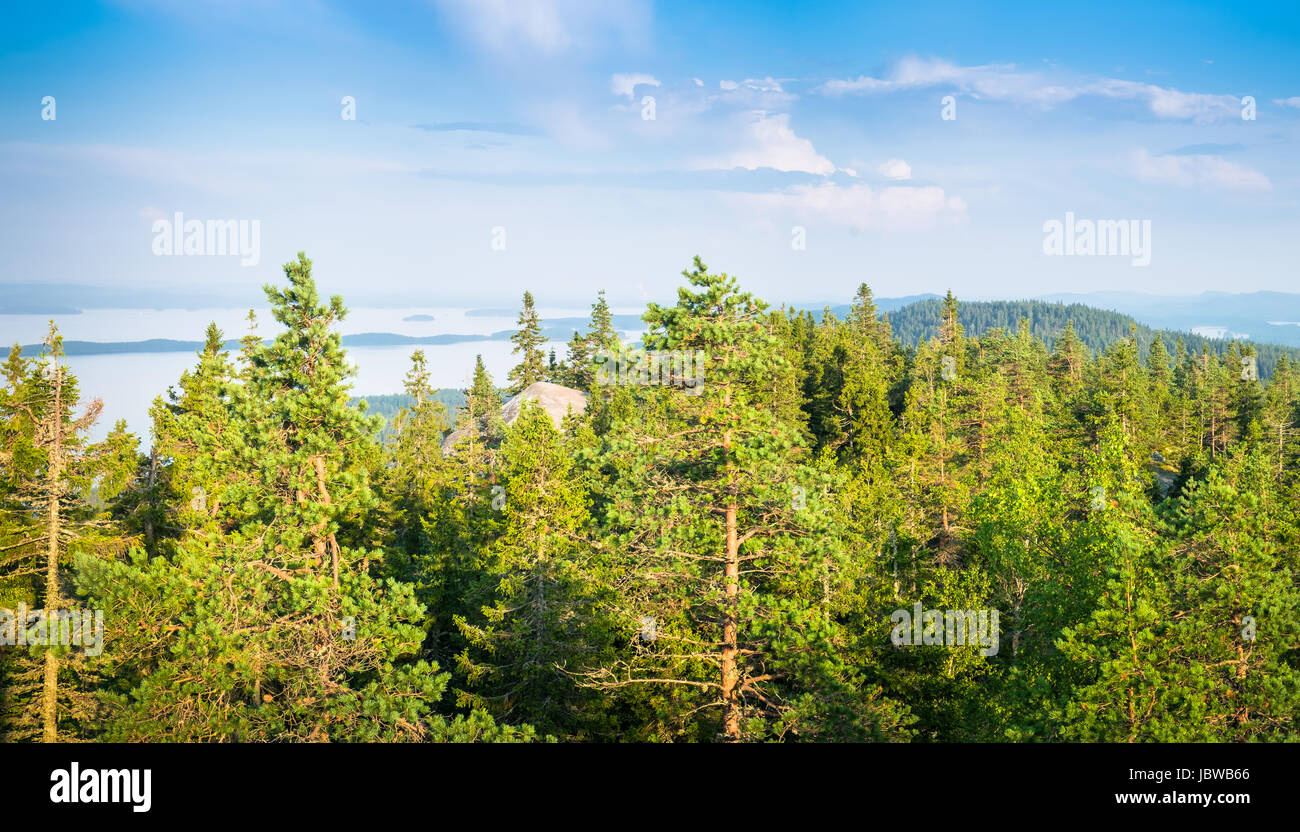 Scenic landscape with lake and lush forest at day time in Koli, national park Stock Photo