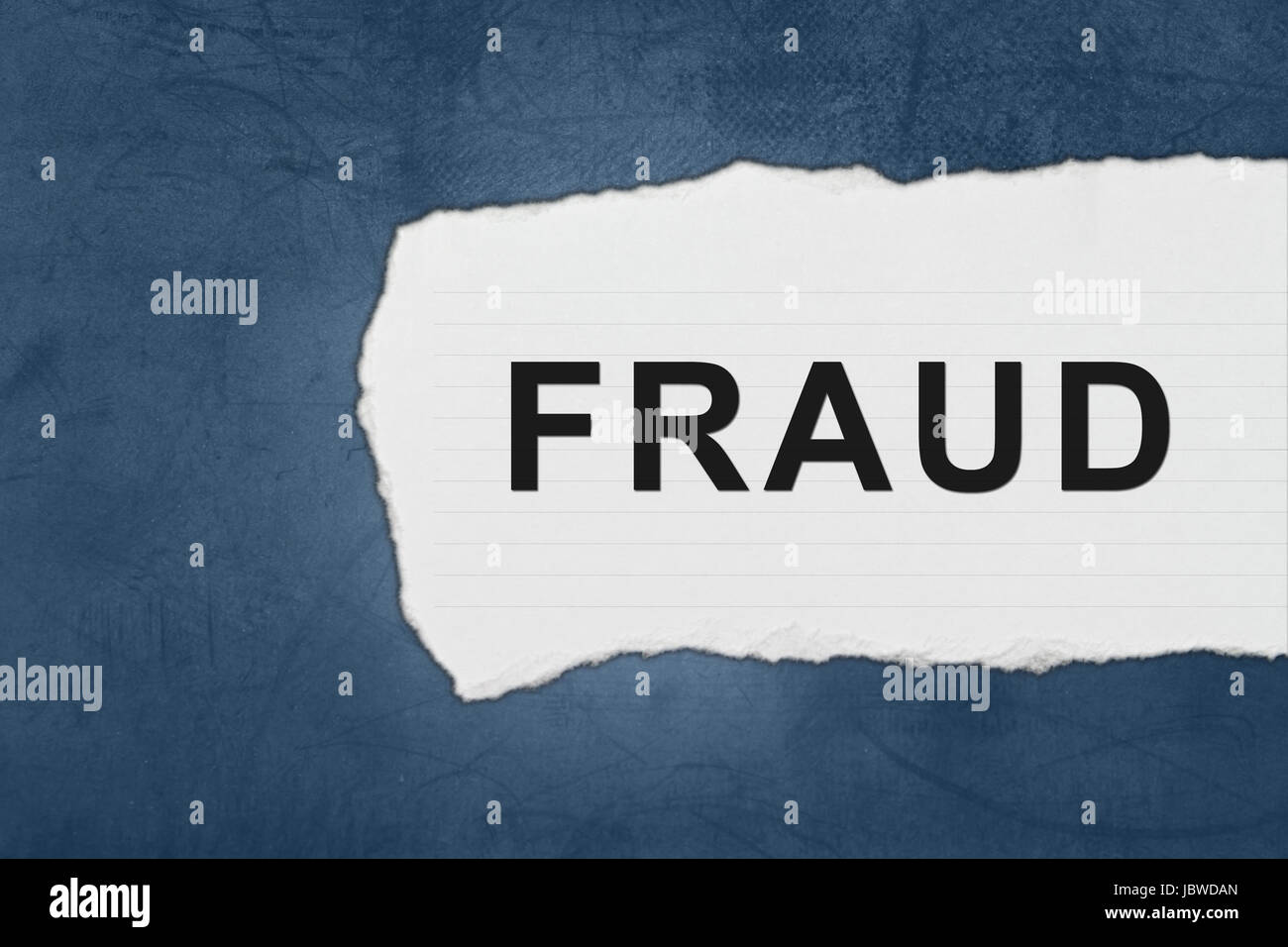 fraud with white paper tears on blue texture Stock Photo