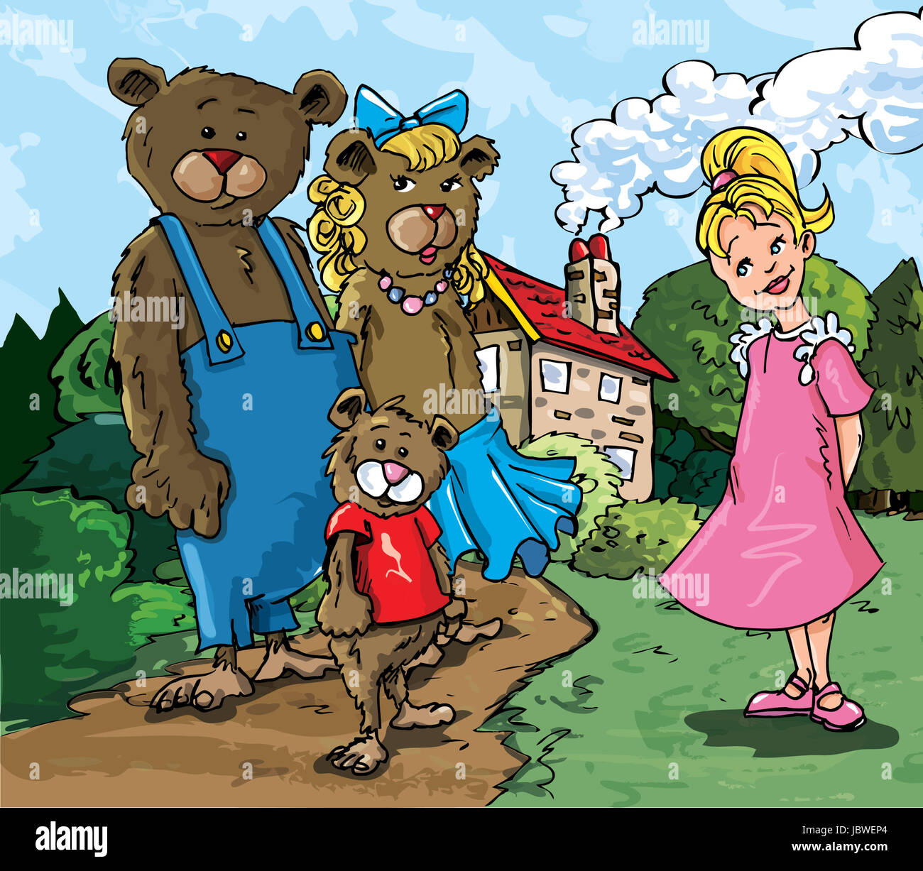 Cartoon of Goldilockes and the three bears infront of the bears house Stock  Photo - Alamy
