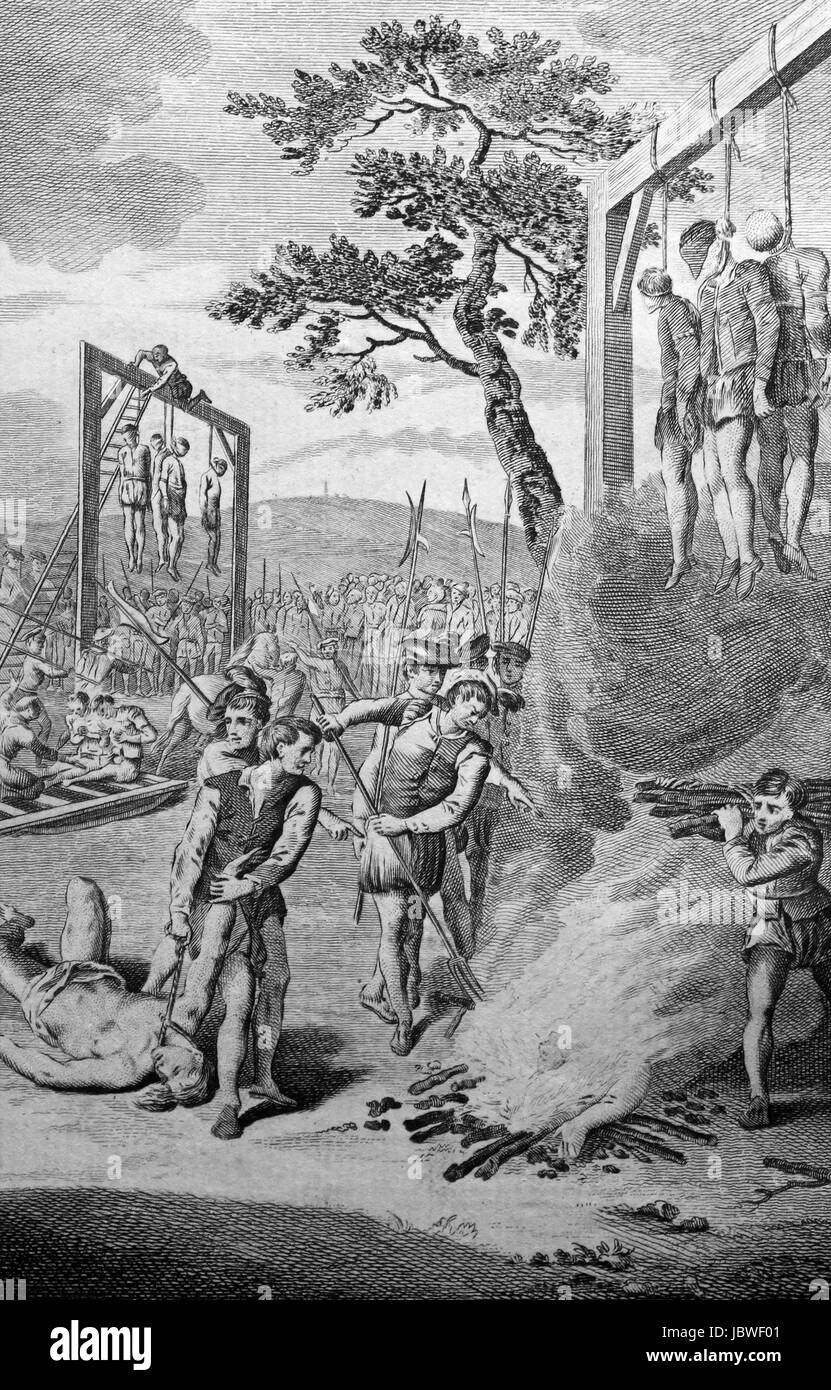 Execution by hanging of Lollards in the reign of Henry IV, hung on gibbets of fire in the fields near London. Engraving from c 1780 edition of The New Stock Photo