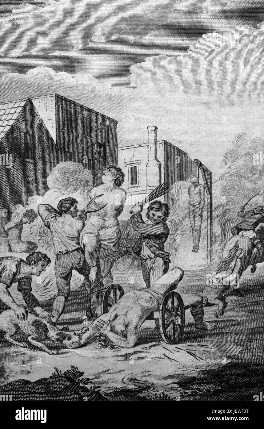 The Bloody Irish Massacre in 1642 wherin 40,000 protestants were inhumanly sacrificed by the Papists. Engraving from c 1780 edition of The New Book of Stock Photo