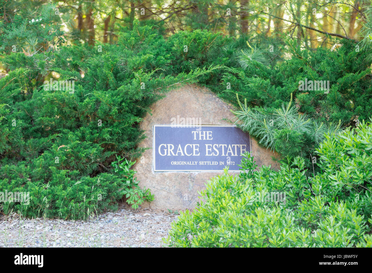 The Grace Estate, a private community, plaque on a stone in East Hampton, NY Stock Photo