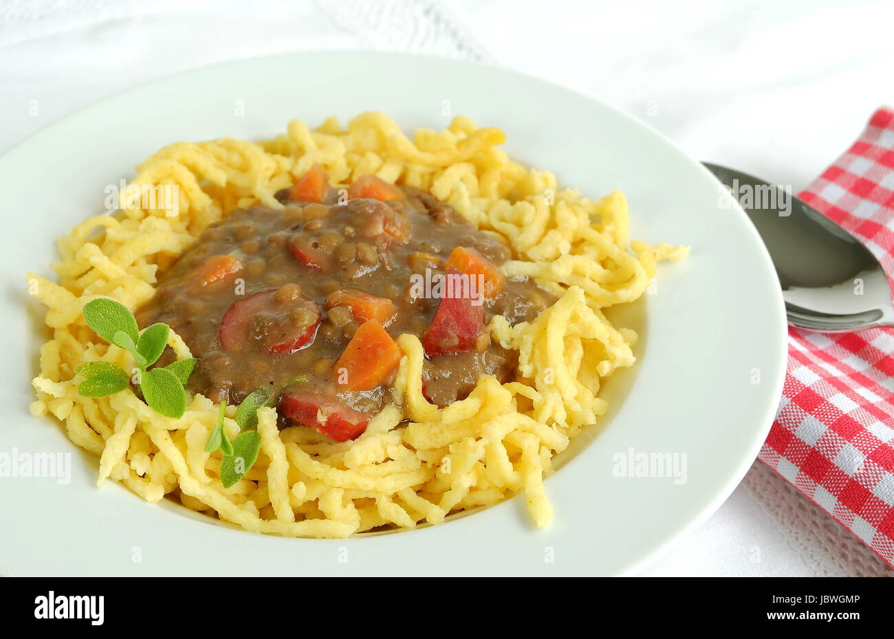 lentils with spaetzle noodles swabian Stock Photo Alamy