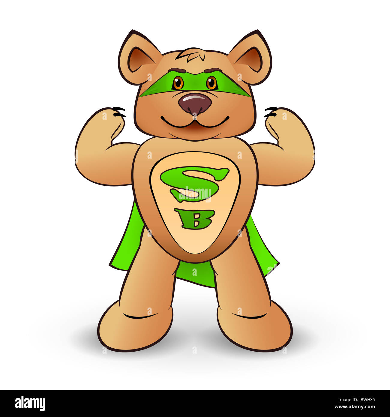 Super bear dressed in a green cloak with the letters S and B  standing on white background Stock Photo