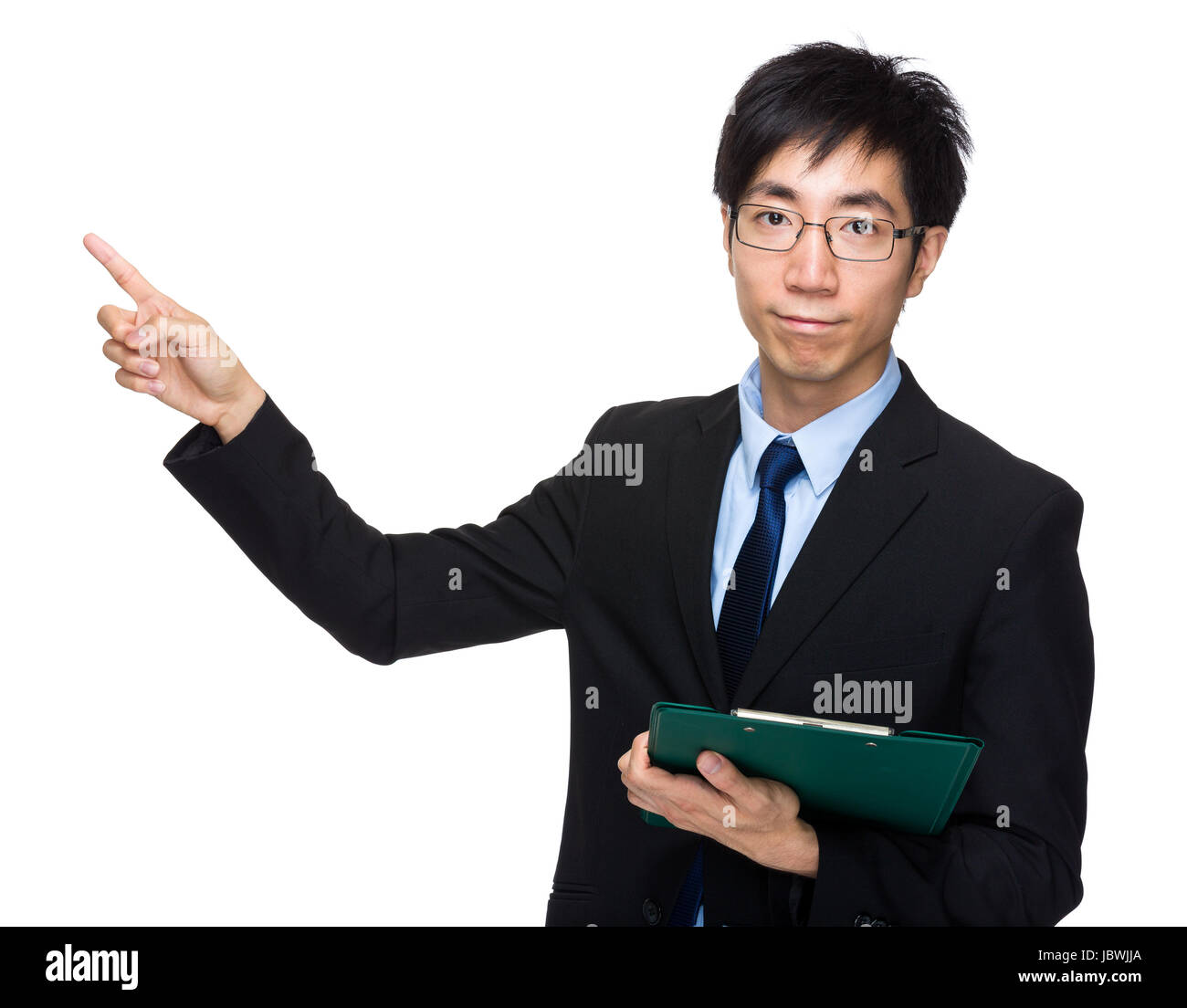Asian businessman with clipboard and finger point out Stock Photo - Alamy