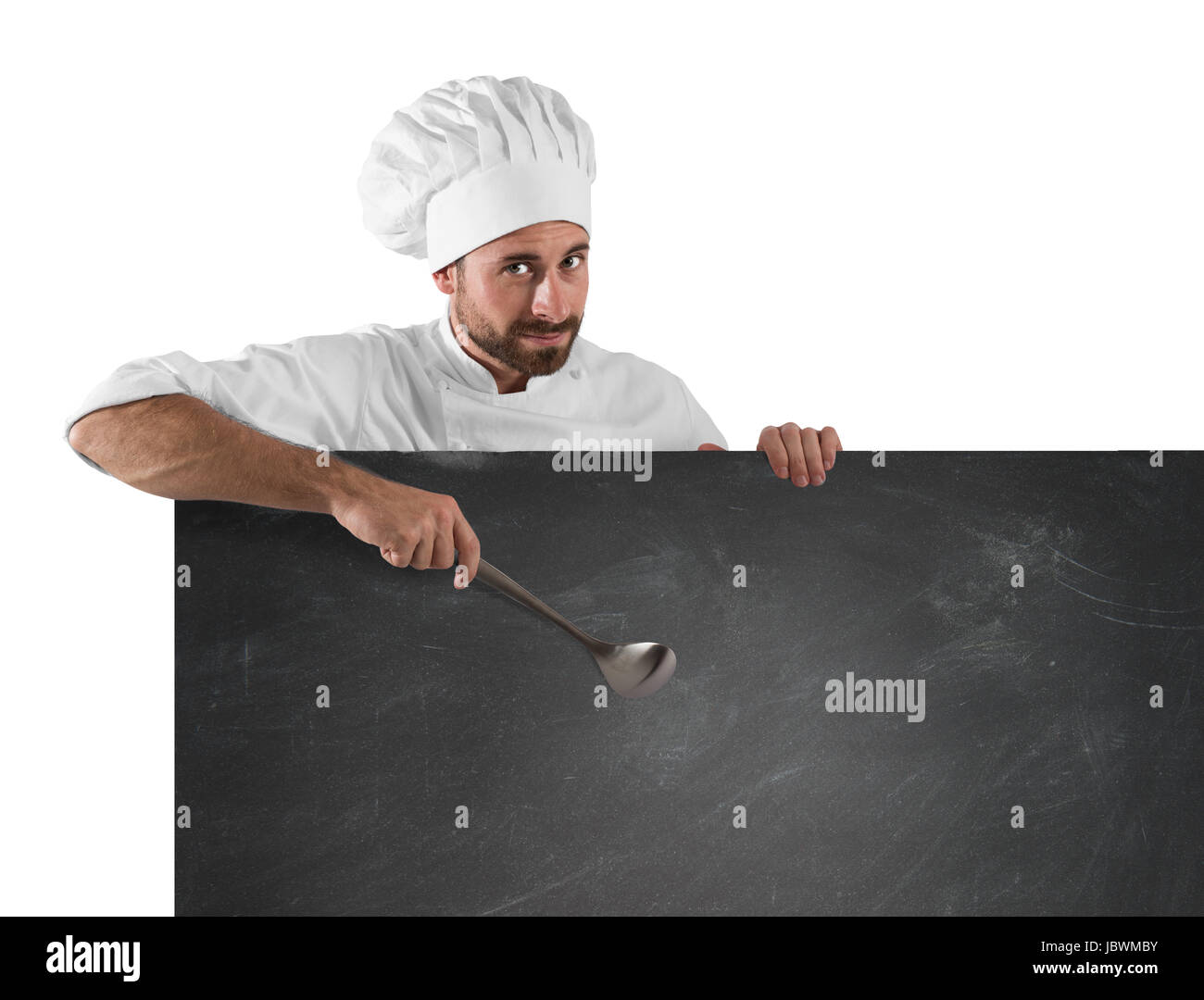 Chef with ladle and board Stock Photo