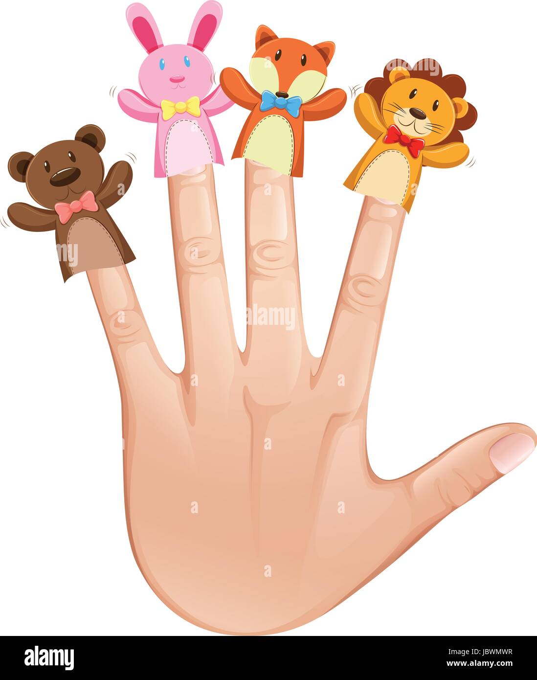Animal finger puppets on human hand illustration Stock Vector