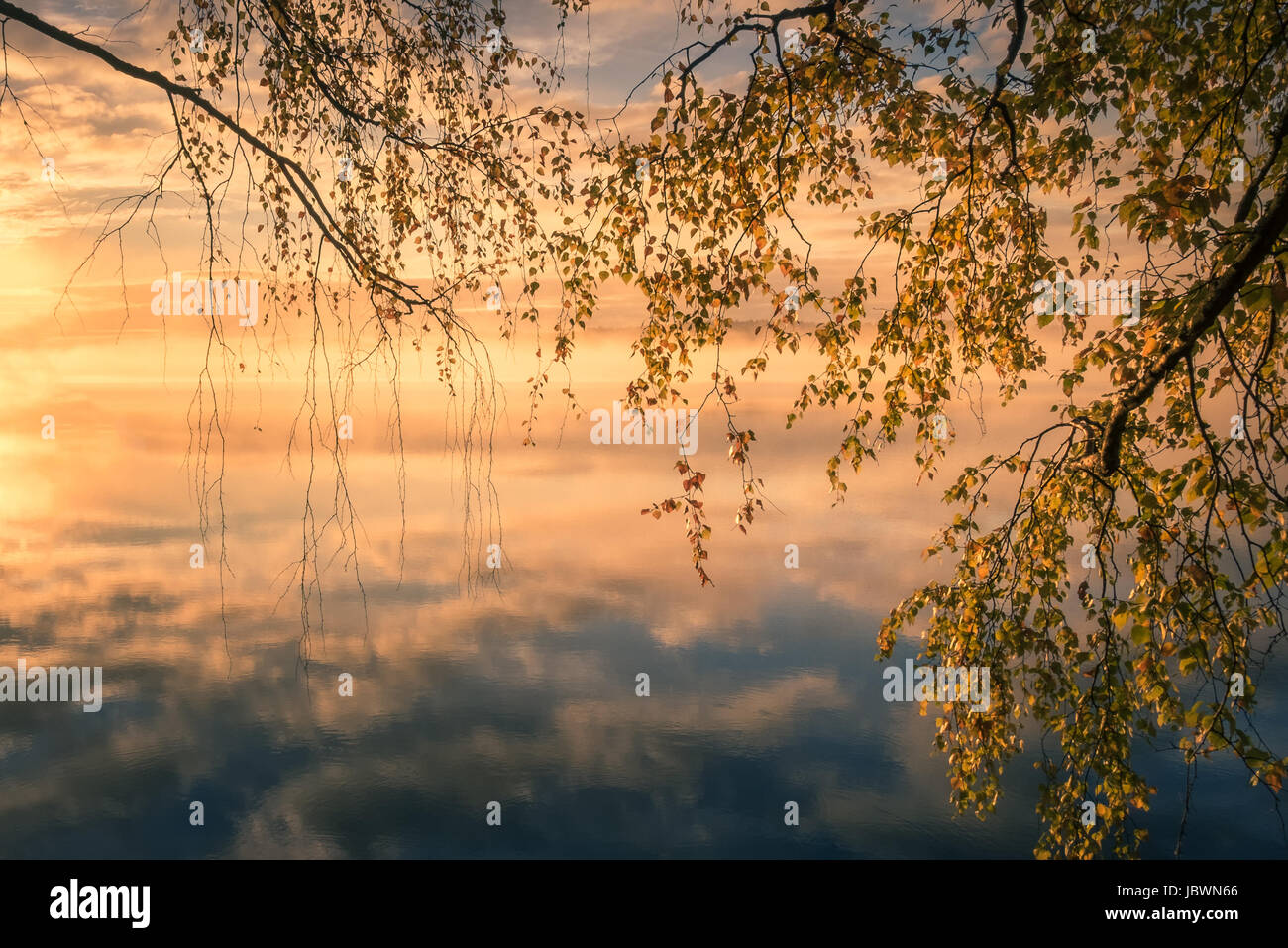 Scenic landscape with lake and fall colors at morning light Stock Photo