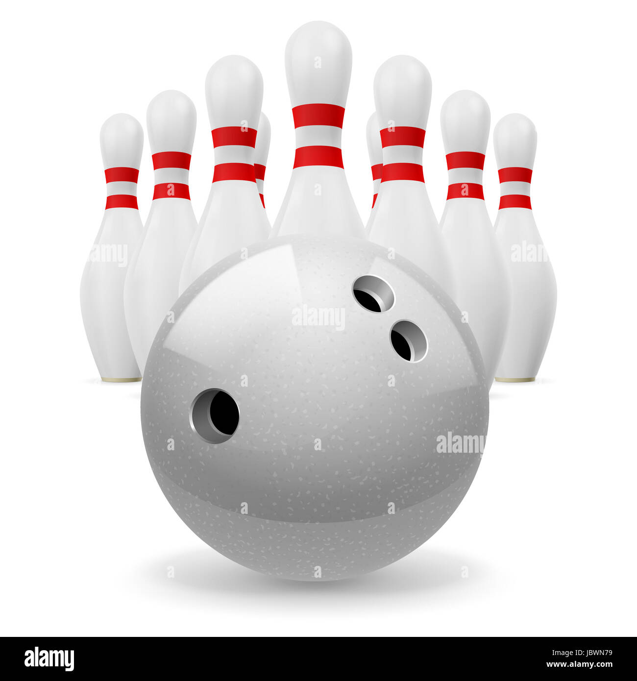 Bowling ball with holes in front. White skittles with red stripes on a white background Stock