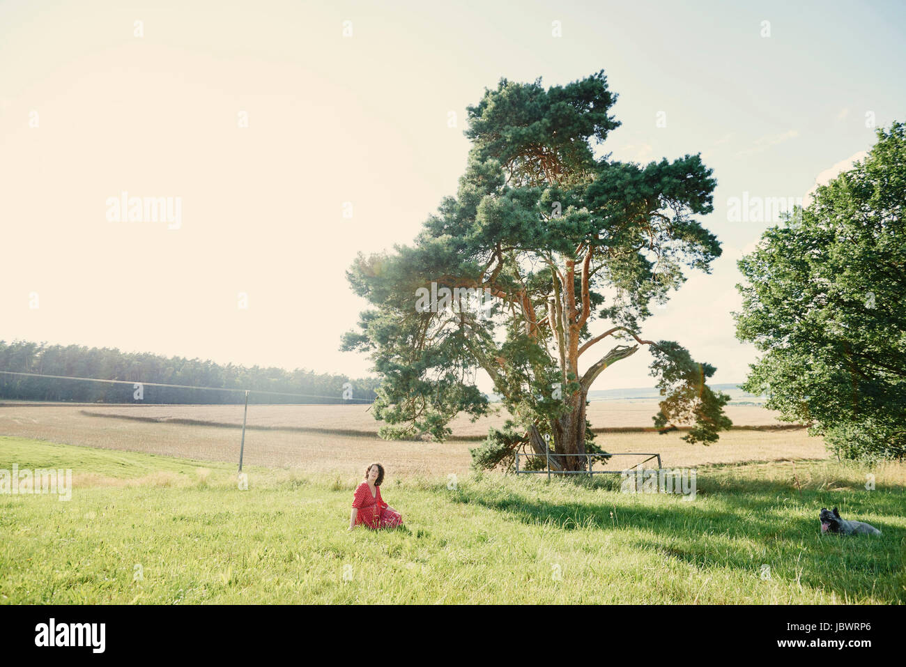 Distant view of pregnant woman sitting in field landscape Stock Photo