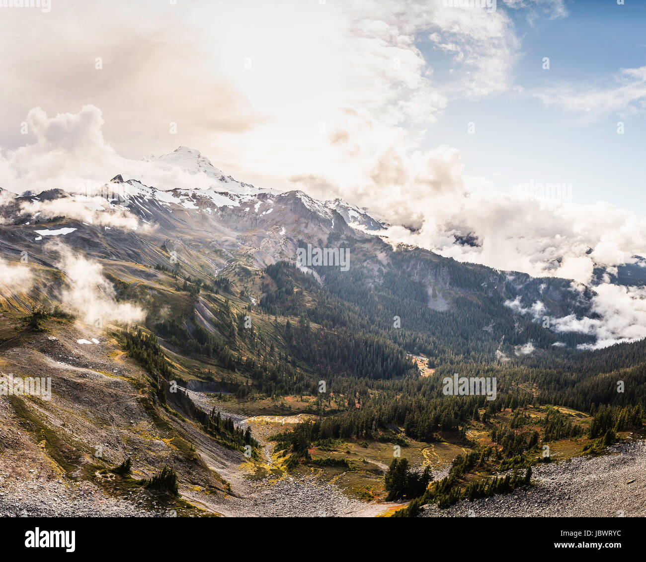 Snow covered mountain peaks, Mount Baker, Washington, USA Stock Photo