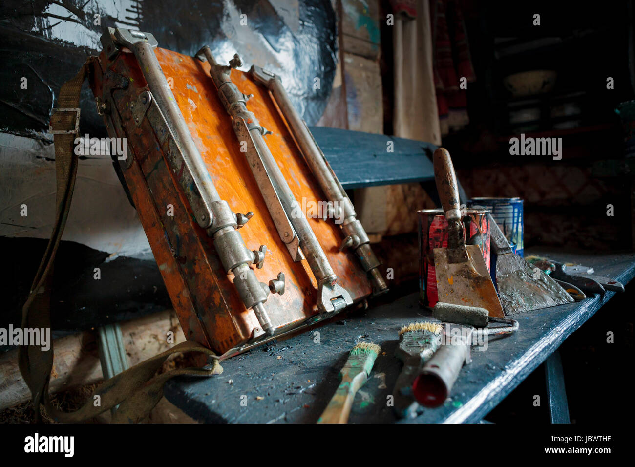 Art equipment in artists studio Stock Photo Alamy