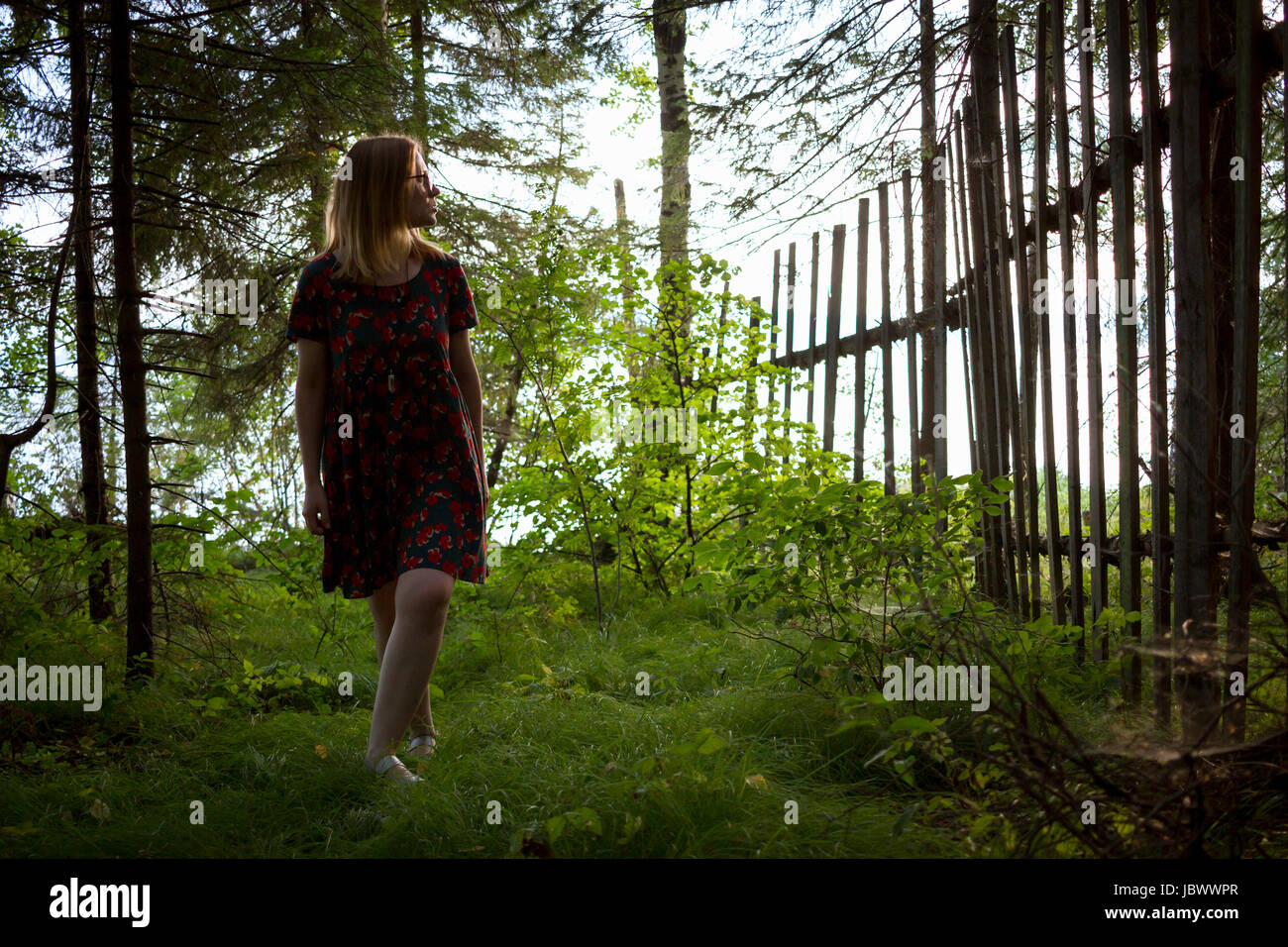 Woman in woods, Nizny Tagil, Russia Stock Photo