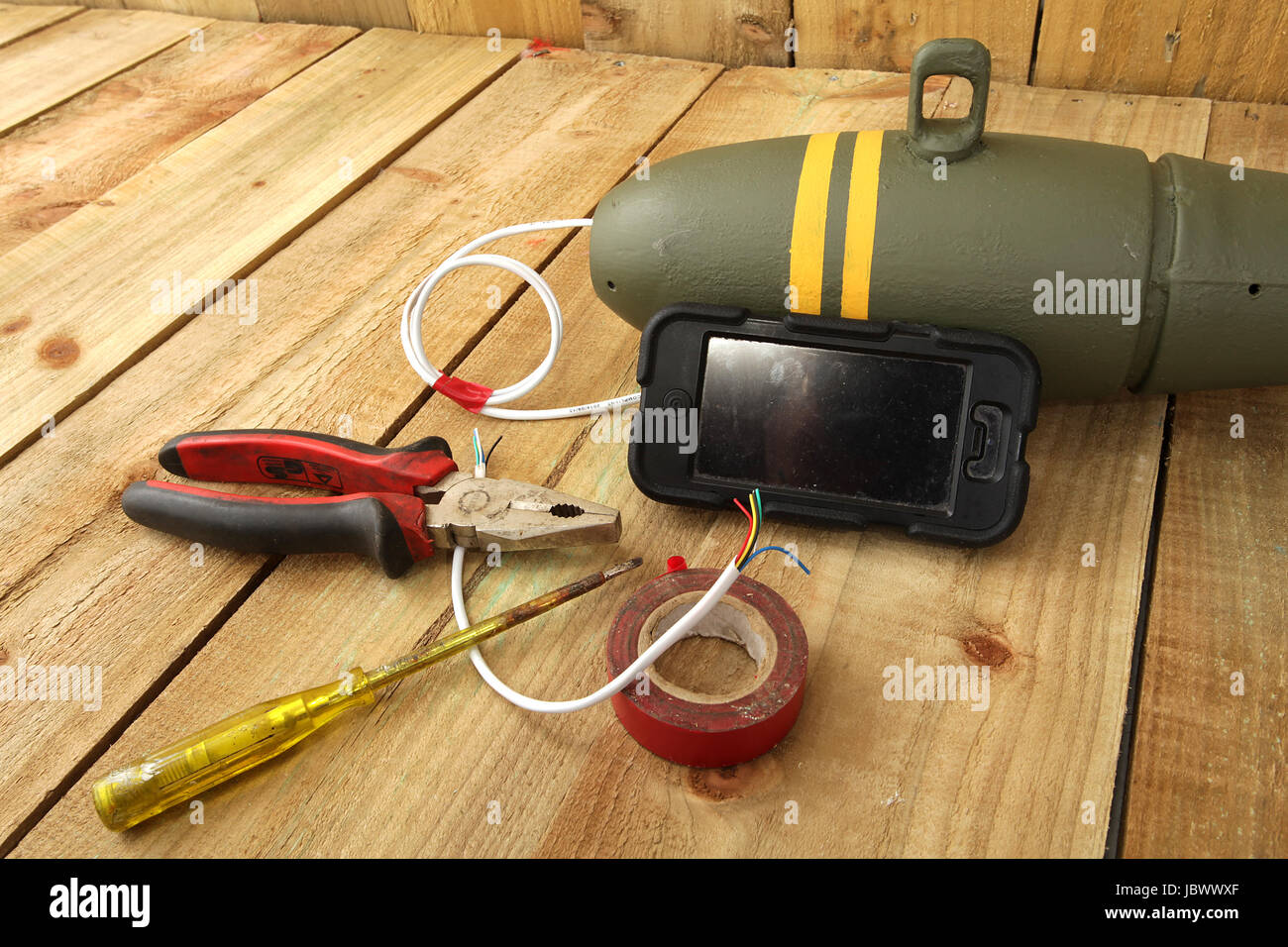 Improvised explosive device, IED, bomb wired to mobile phone Stock