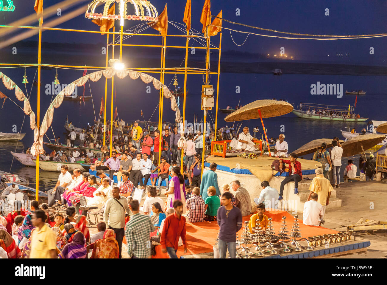 Dashashwamedh Gat, Ganga Pooja,Evening ritual at Ganga Aarti celebration on the Ghats in Varanasi,India,Asia Stock Photo