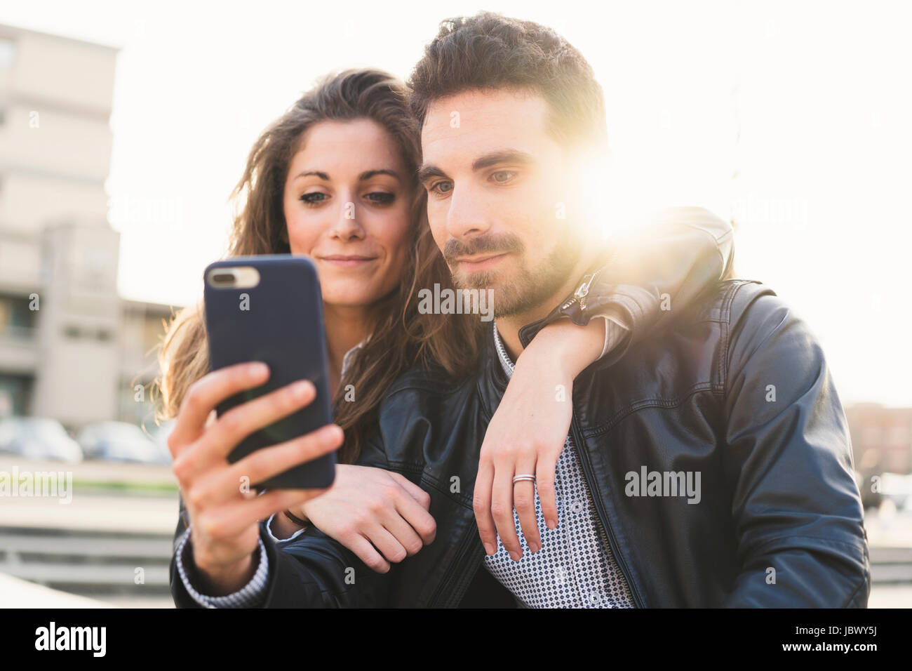 Couple taking selfie, Florence, Italy Stock Photo