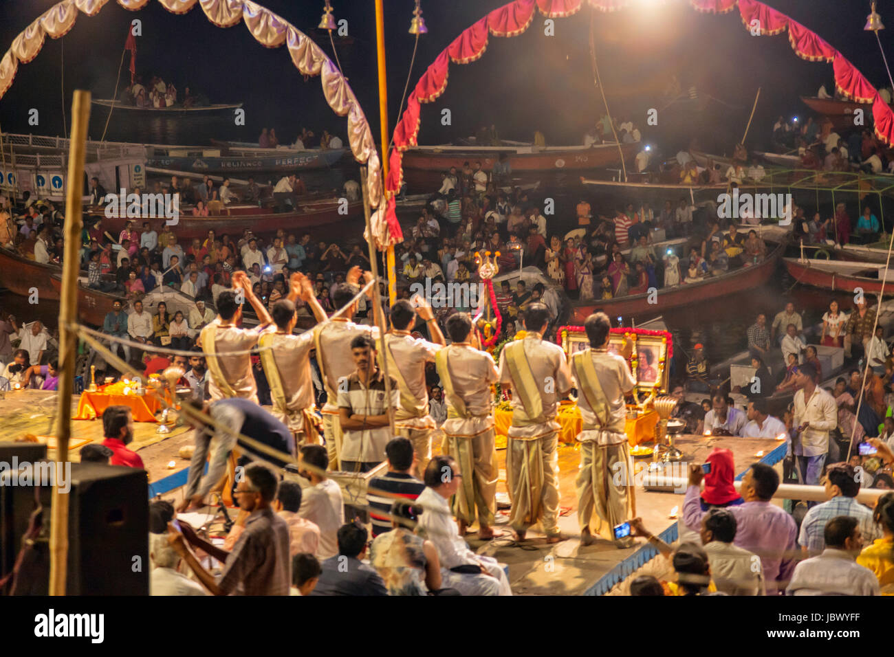 Dashashwamedh Gat, Ganga Pooja,Evening ritual at Ganga Aarti celebration on the Ghats in Varanasi,India,Asia Stock Photo