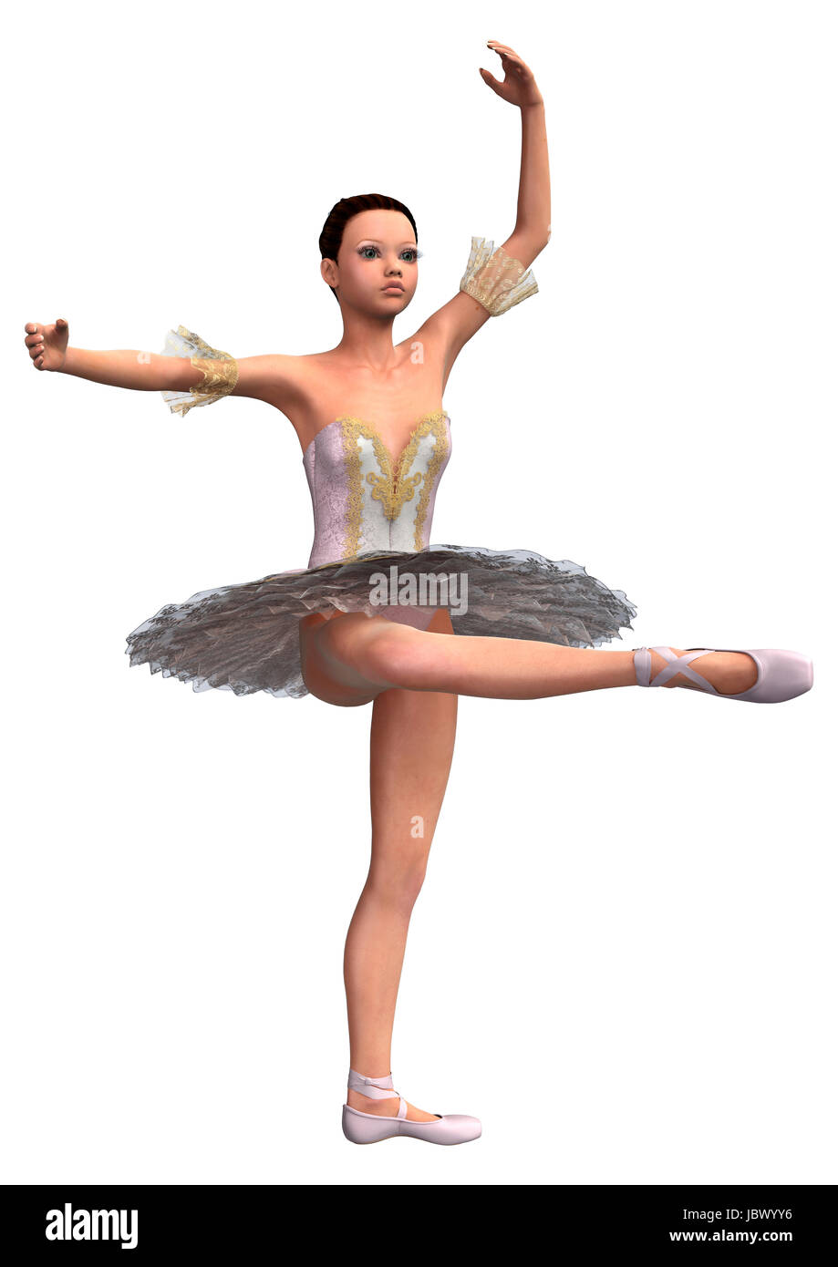 3D digital render of a beautiful female ballet dancer, attitude devant