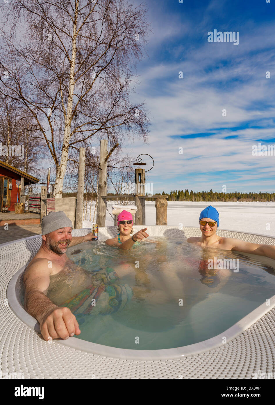 Enjoying the hot tub at Lapland Guesthouse, Kangos, Swedish, Lapland Stock Photo
