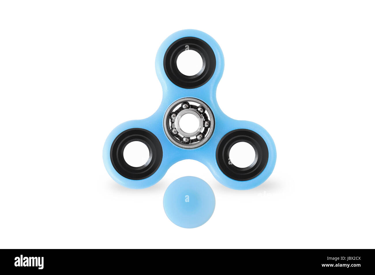 Blue fidget spinner popular toy on white background with opened cap, mechanism visible Stock Photo