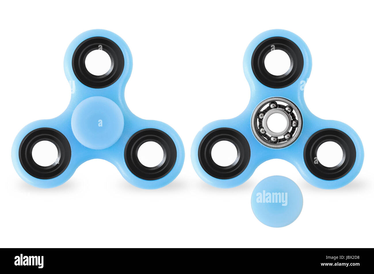 Two blue fidget spinners on white background with closed and opened cap Stock Photo