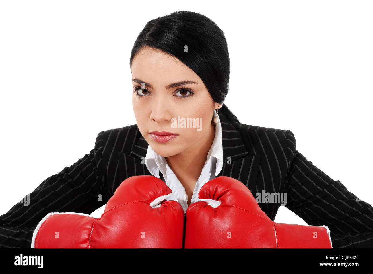 Stock image of businesswoman with boxing gloves isolated on white background Stock Photo