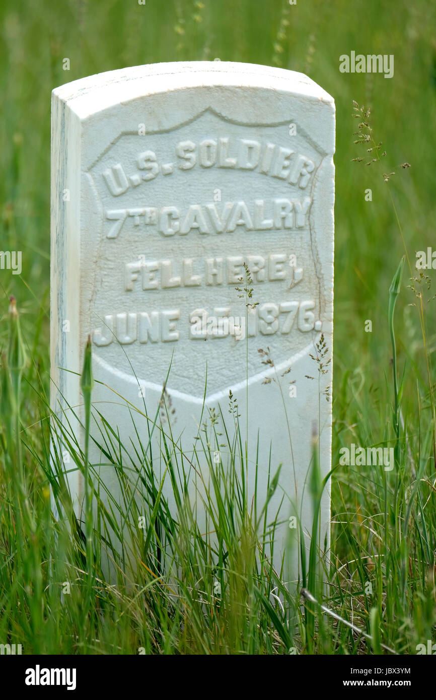 A head stone marks the spot where a unknown U.S Soldier of the 7th Cavalry fell during the battle of Little Bighorn, Montana, in 1876. Stock Photo