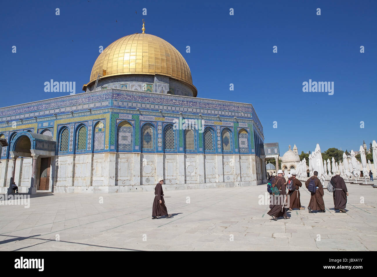 Franciscan monks are visiting the Dome of the Rock at the Temple Mount, Jerusalem, Israel Stock Photo