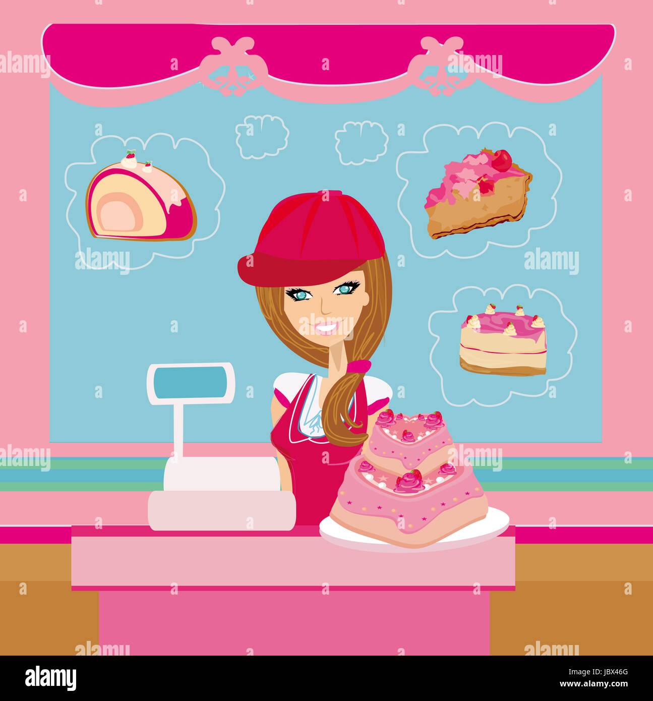 bakery store saleswoman serving large pink cake Stock Photo Alamy
