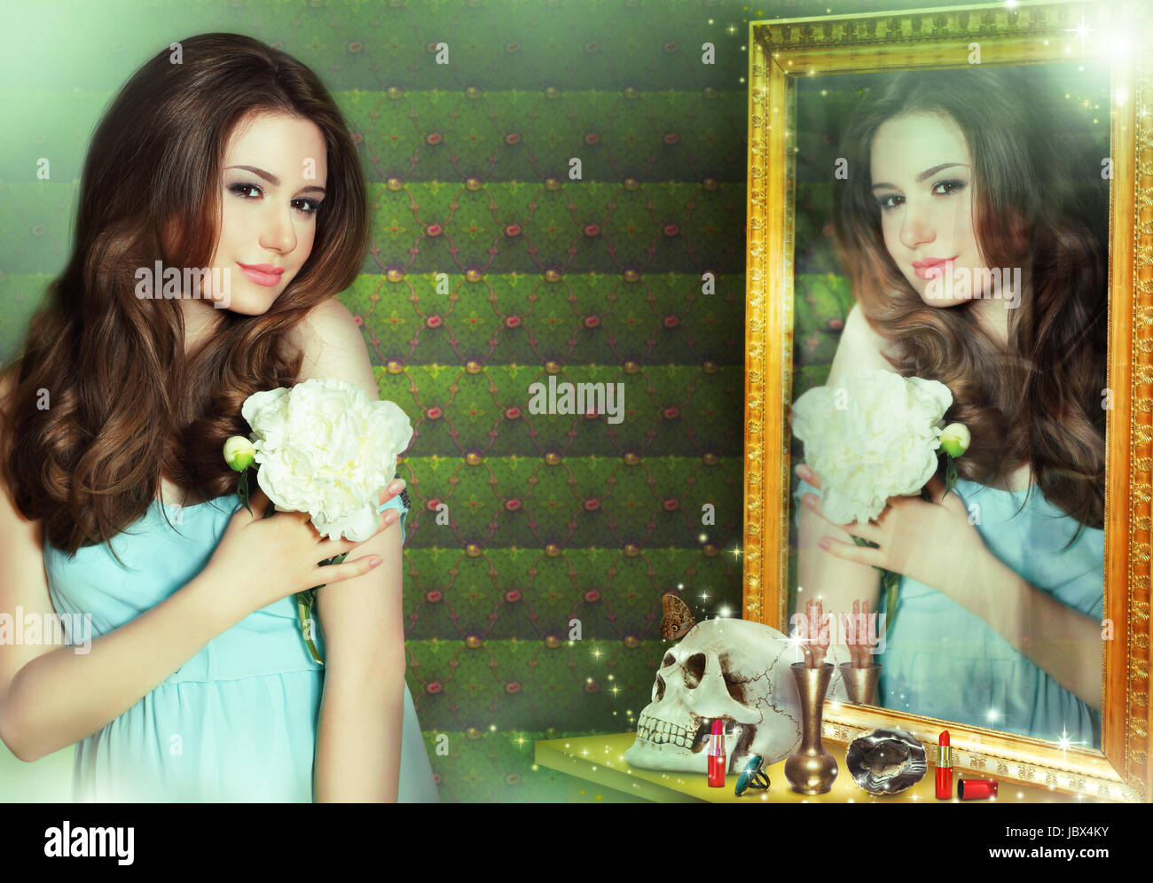 Mantra. Incantation. Woman Wizard Reflecting in Mirror Stock Photo Alamy