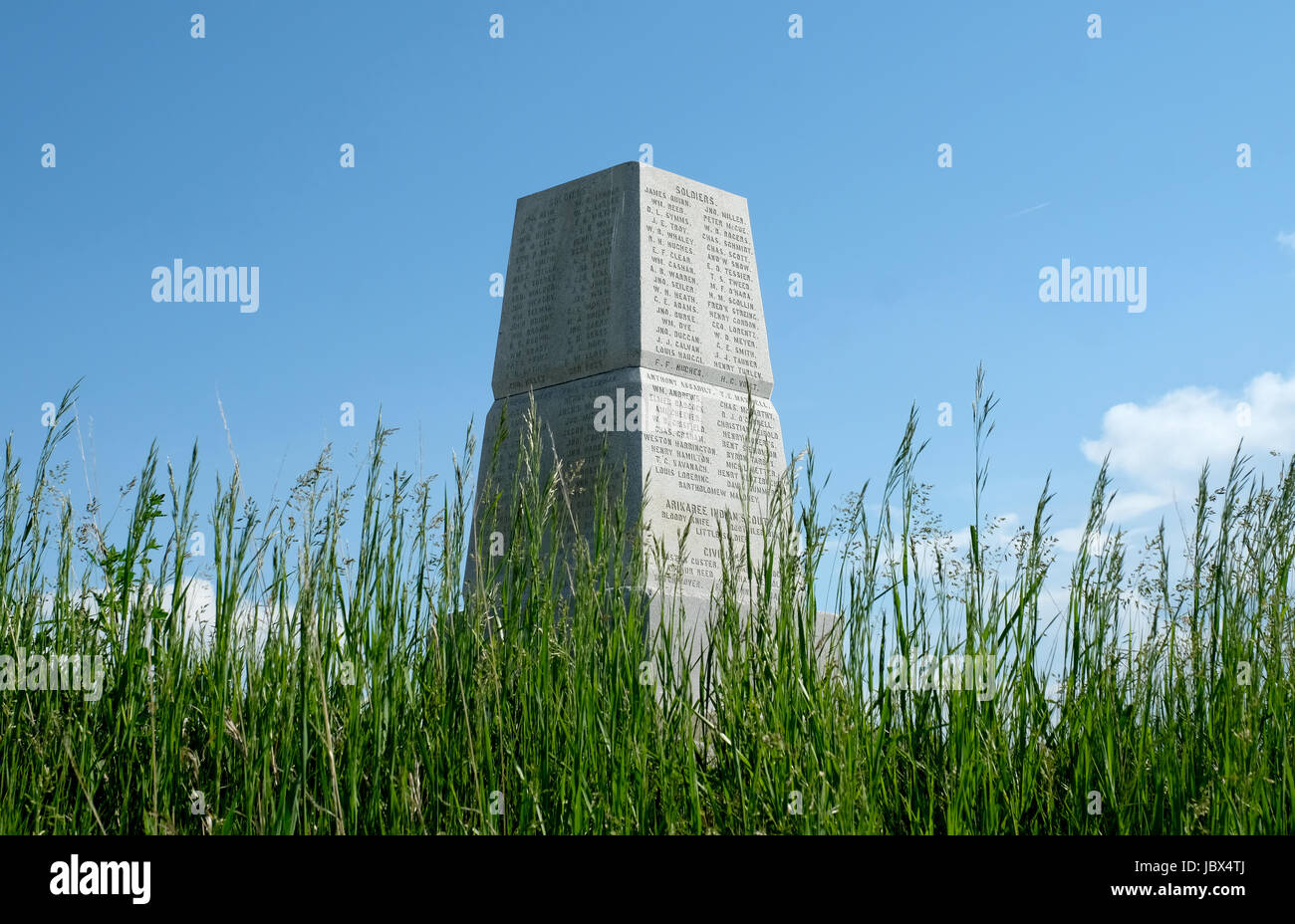 A stone memorial on top of Last Stand Hill to commemorate the 220 soldiers, scouts and civilians who fell at the battle of Little Bighorn, Mt in 1876 Stock Photo