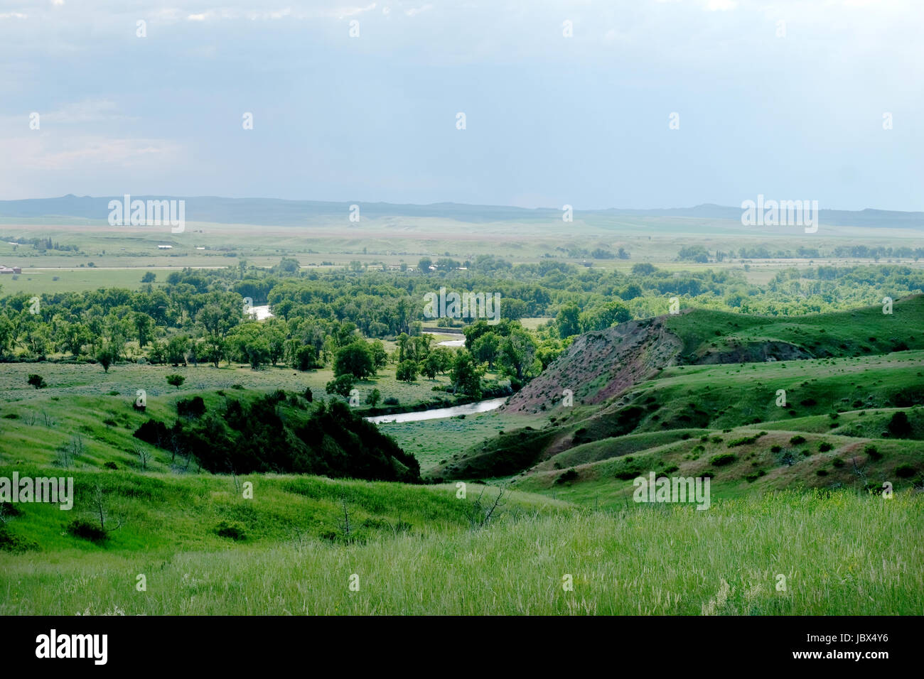 A view looking down on the Bighorn river valley where the native indian camp was situated in the lead up to the Battle of the Little Bighorn in 1876 Stock Photo