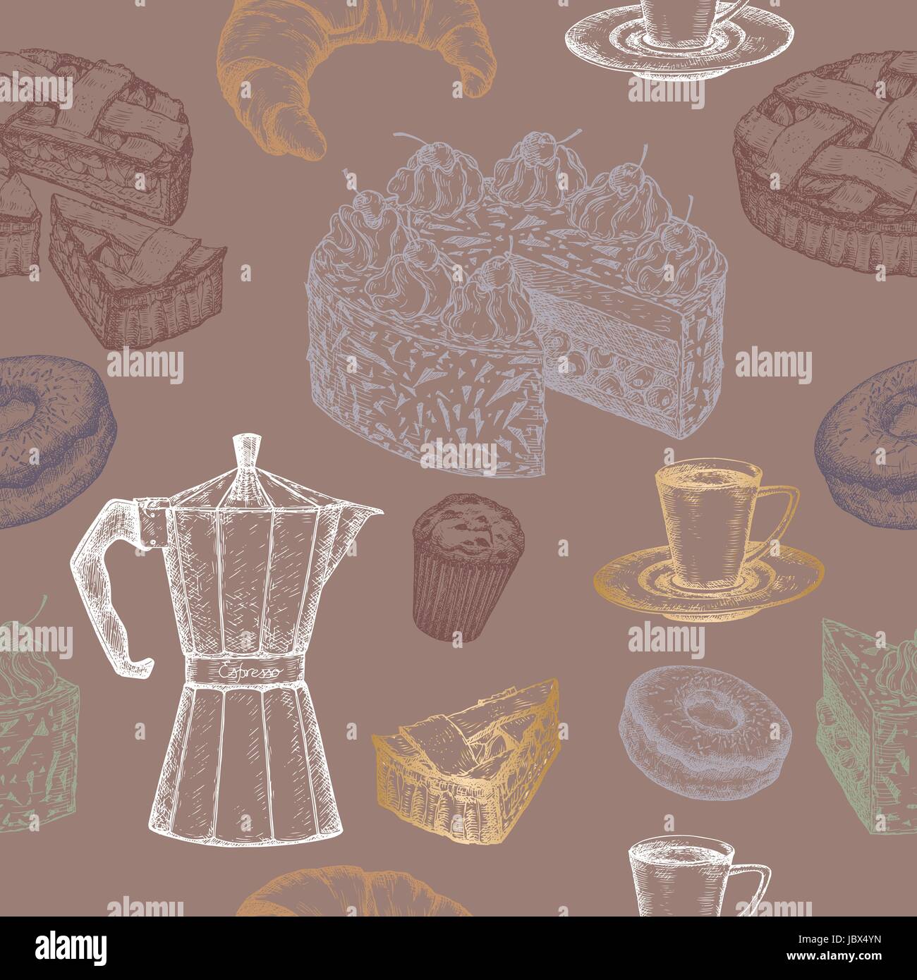 Color hand drawn tea, coffee and pastry seamless pattern Stock Vector ...