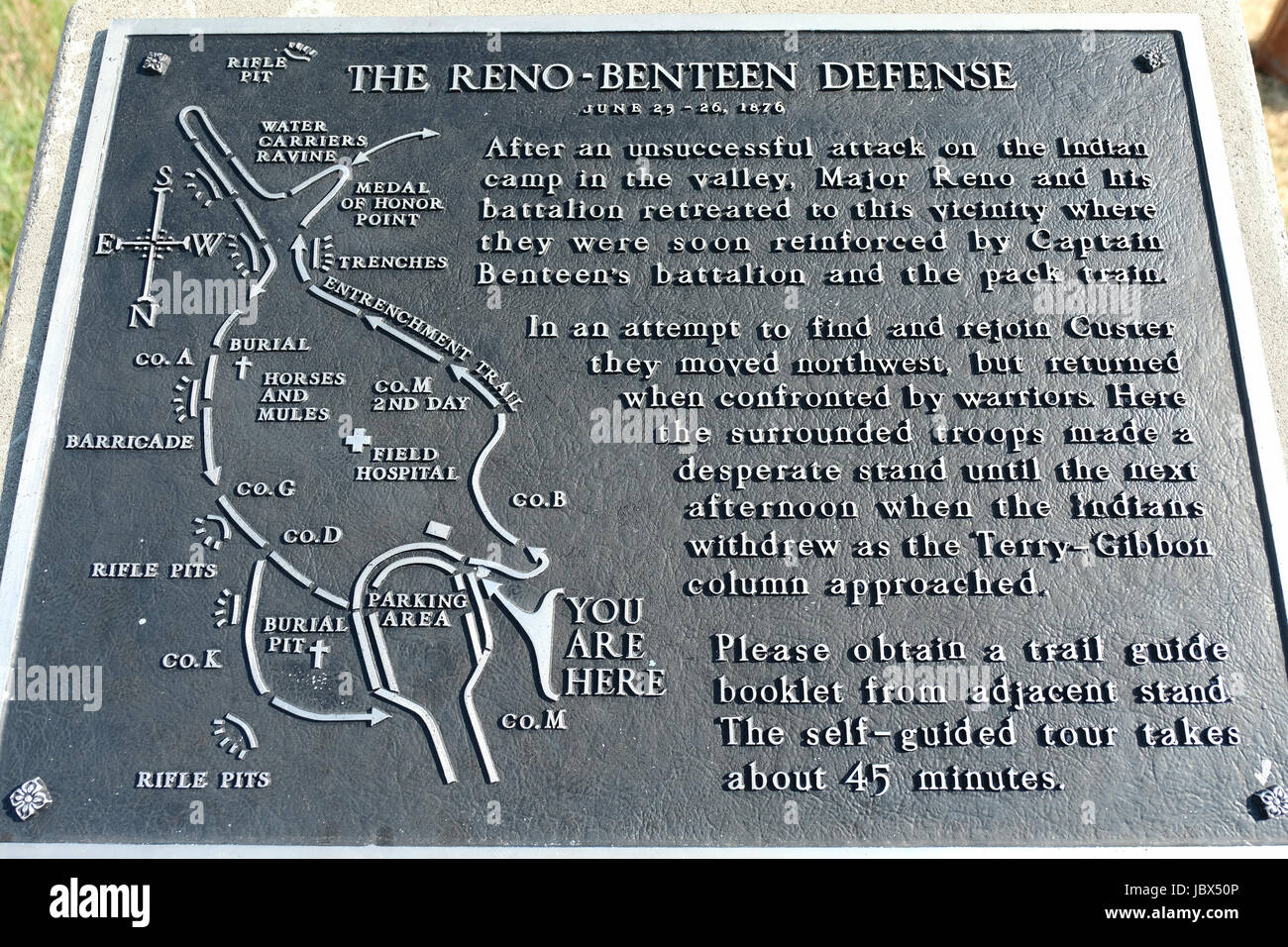 Commemorative plaque describing the Reno-Benteen defense during the battle of Little Bighorn Montana, USA in 1876. Stock Photo