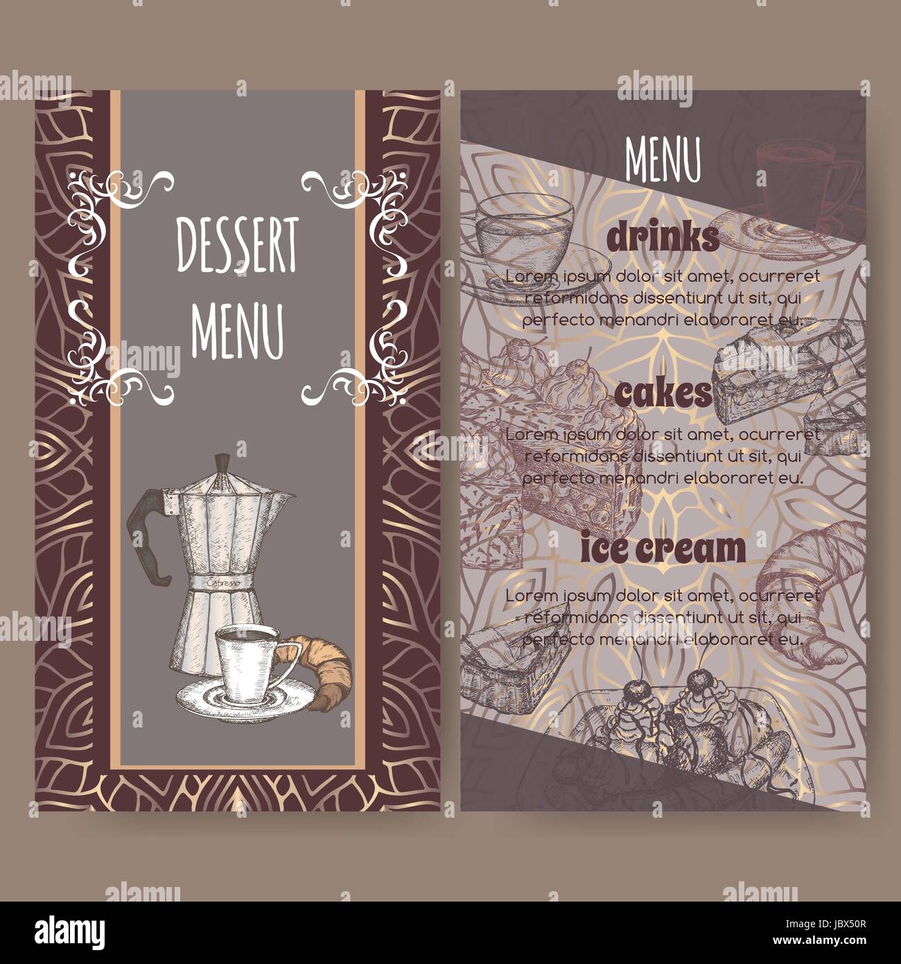 Color dessert menu card templates based on hand drawn sketch Stock Vector