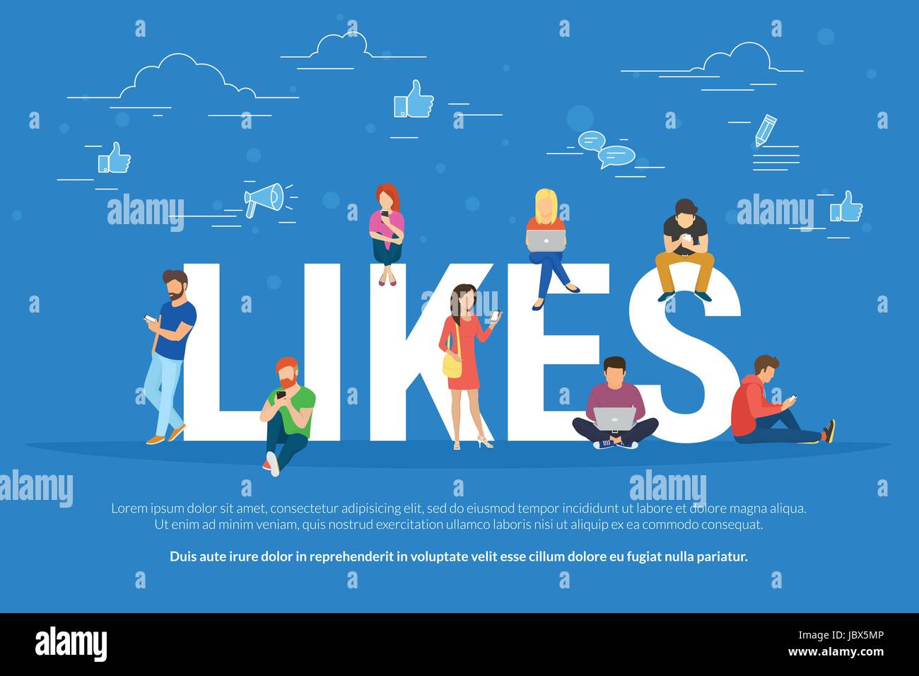 Flat vector concept illustration of young people using mobile gadgets ...
