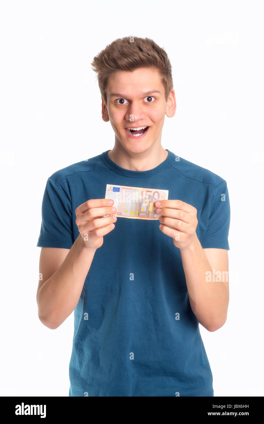 young man with 50 euro note Stock Photo