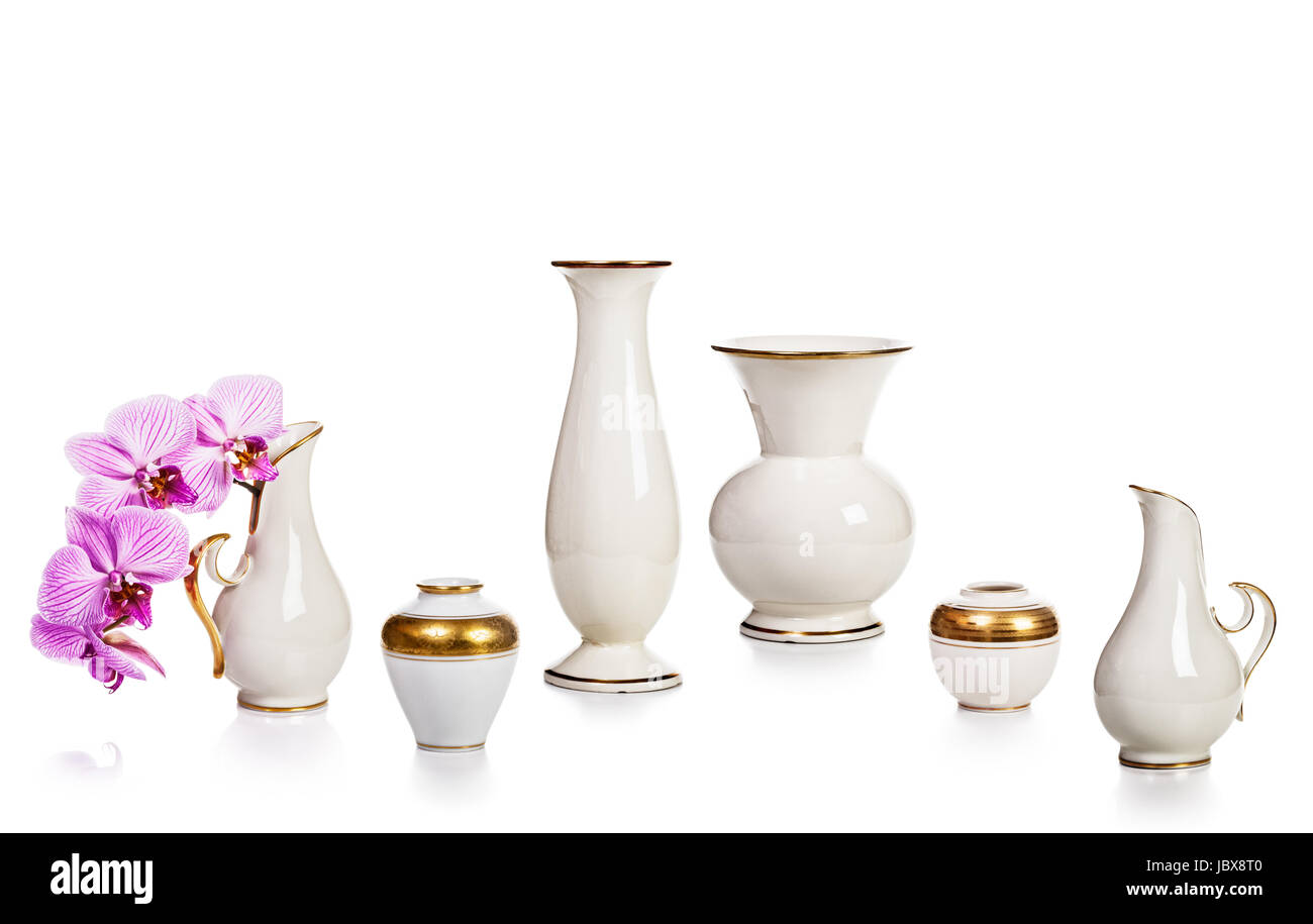 Antique white porcelain vases collection isolated on white background