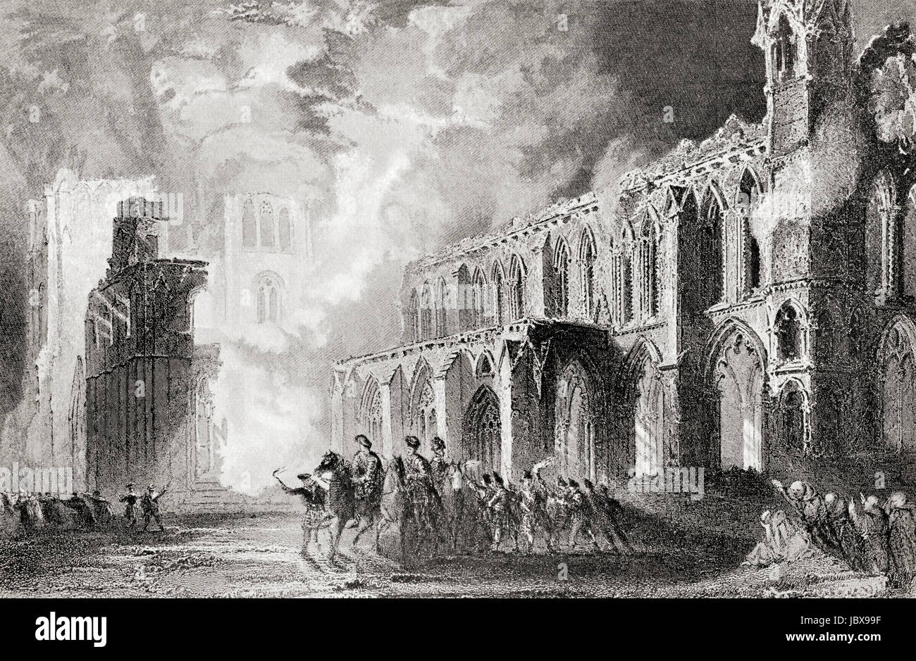 The destruction of Elgin Cathedral, Moray, Scotland in 1390 by Robert III's brother Alexander Stewart, Earl of Buchan, aka the Wolf of Badenoch.   From Hutchinson's History of the Nations, published 1915. Stock Photo