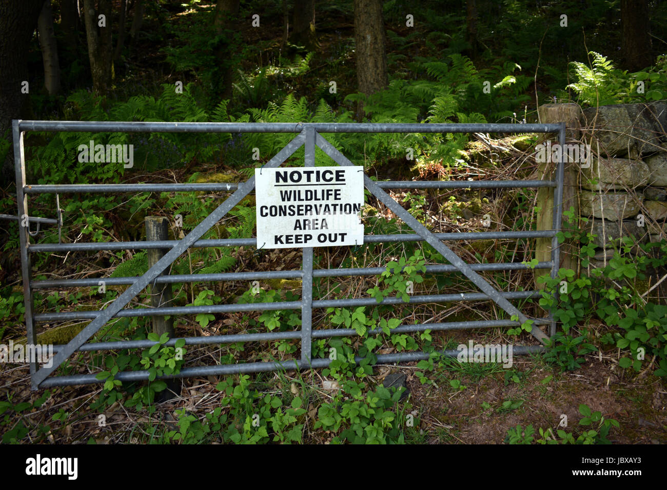 WILDLIFE CONSERVATION SIGN ON GATE Stock Photo