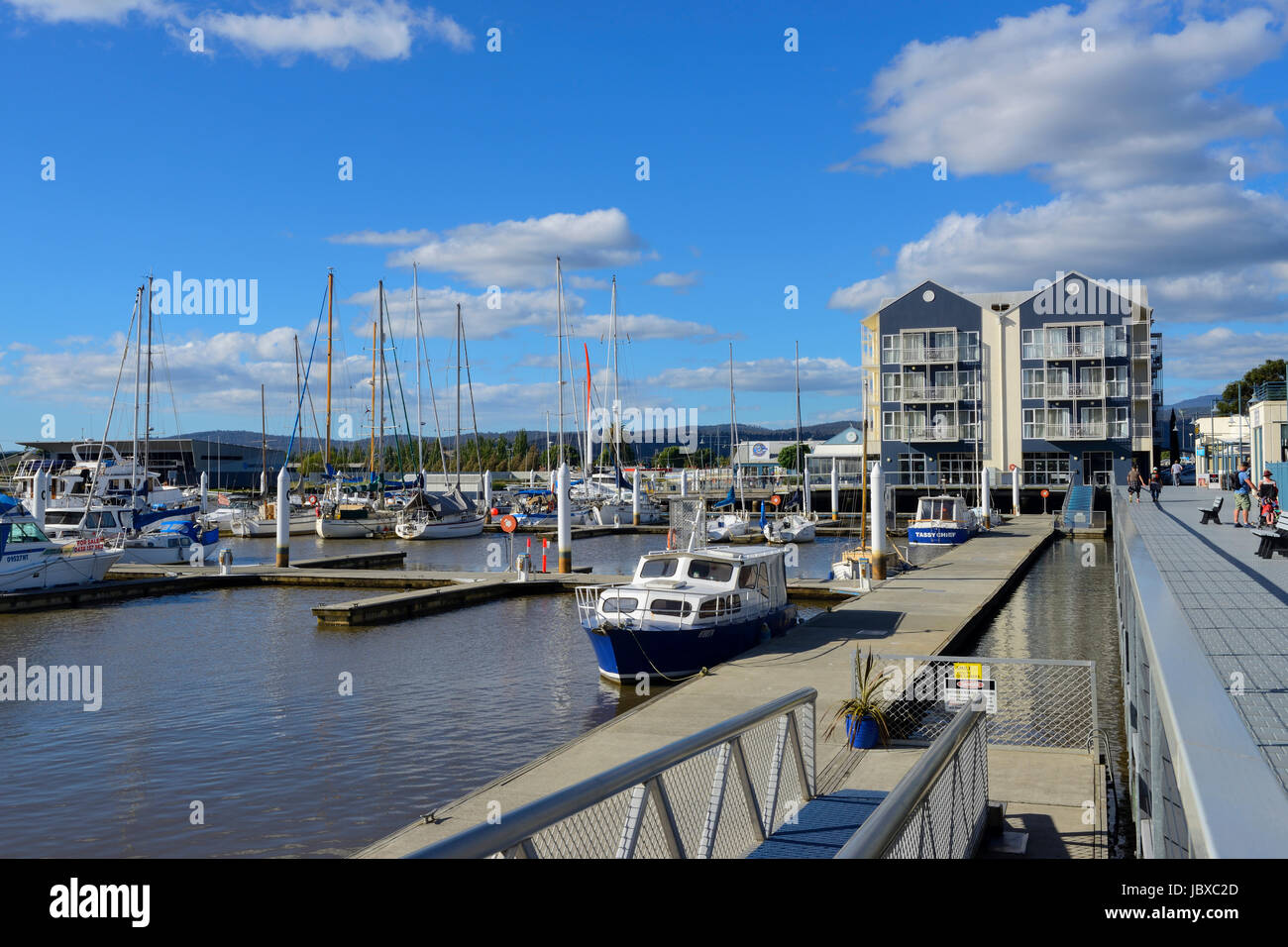 Yachts and boats moored in Seaport Marina on the North Esk River at Launceston in Tasmania, Australia Stock Photo