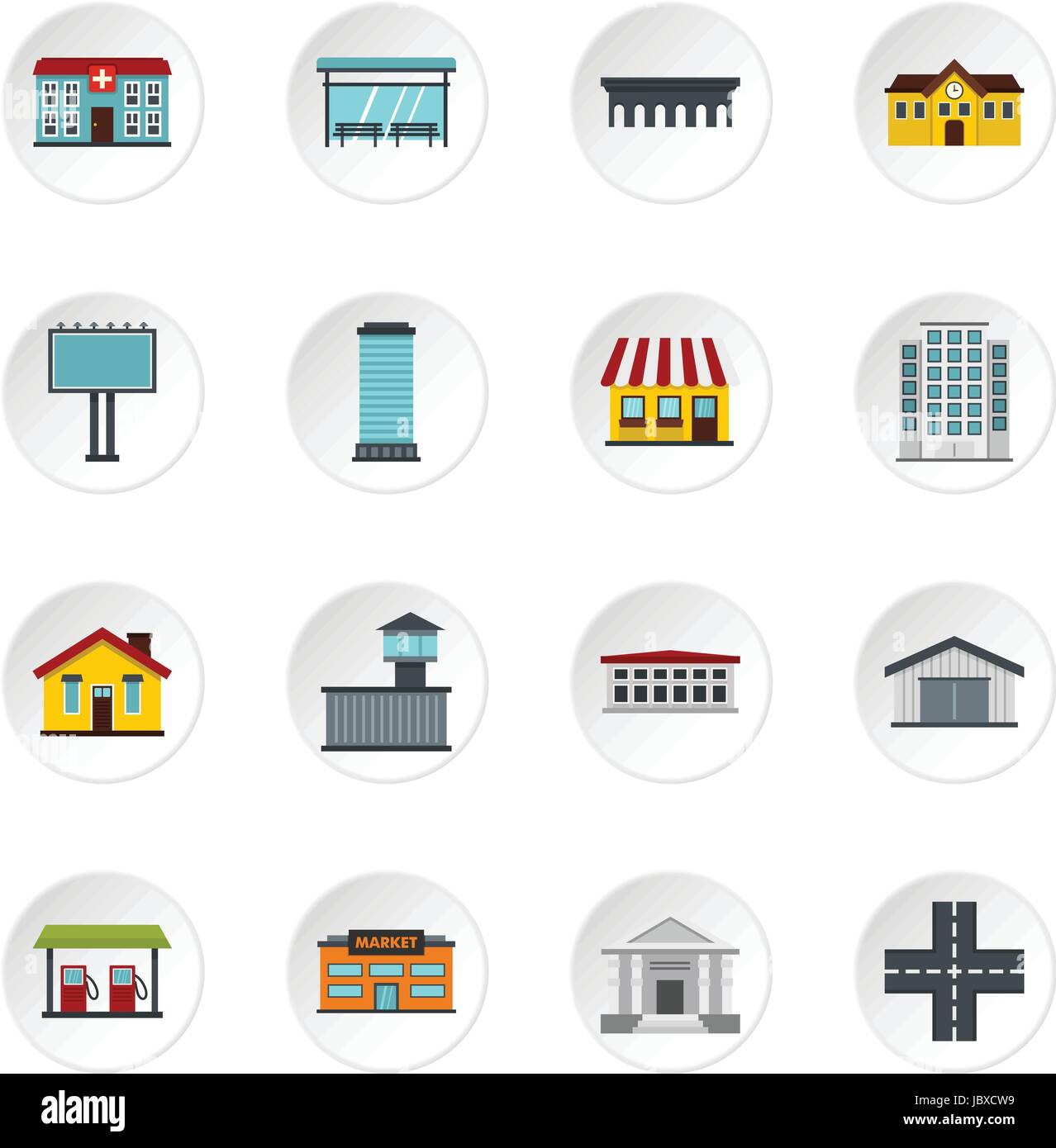 City infrastructure items set flat icons Stock Vector