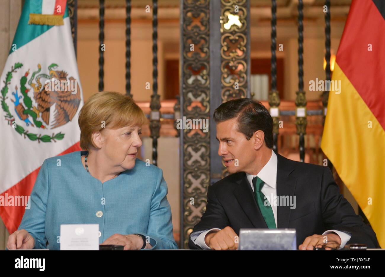 German Chancellor Angela Merkel and Mexican President Enrique Pena Nieto, right, prior to a joint statement following their bilateral meetings at the National Palace of Los Pinos June 9, 2017 in Mexico City, Mexico. Stock Photo
