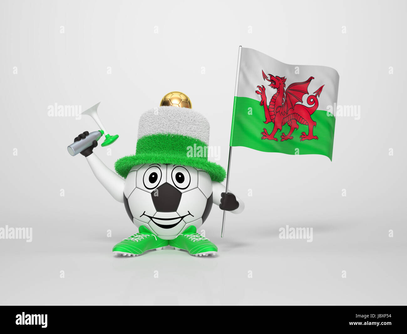 A cute and funny soccer character holding the national flag of Wales ...