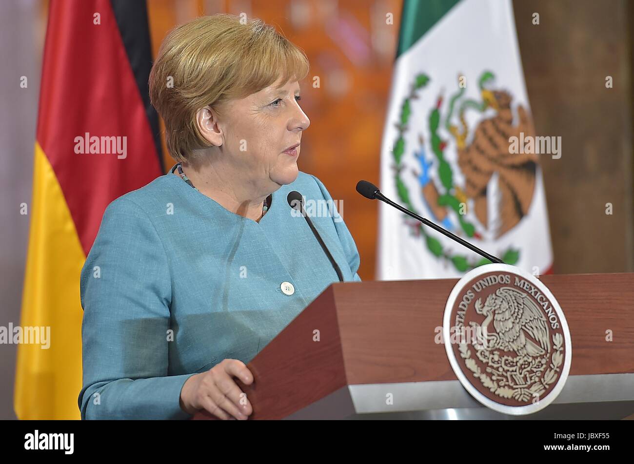 German Chancellor Angela Merkel speaks during reception hosted by Mexican President Enrique Pena Nieto at the National Palace of Los Pinos June 9, 2017 in Mexico City, Mexico. Stock Photo