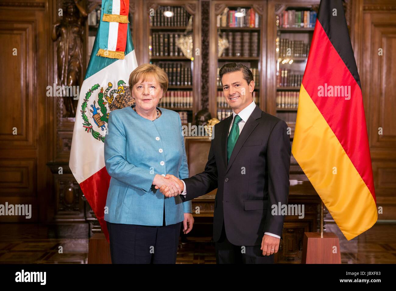 Mexican President Enrique Pena Nieto and German Chancellor Angela Merkel prior to bilateral talks at the National Palace of Los Pinos June 9, 2017 in Mexico City, Mexico. Stock Photo