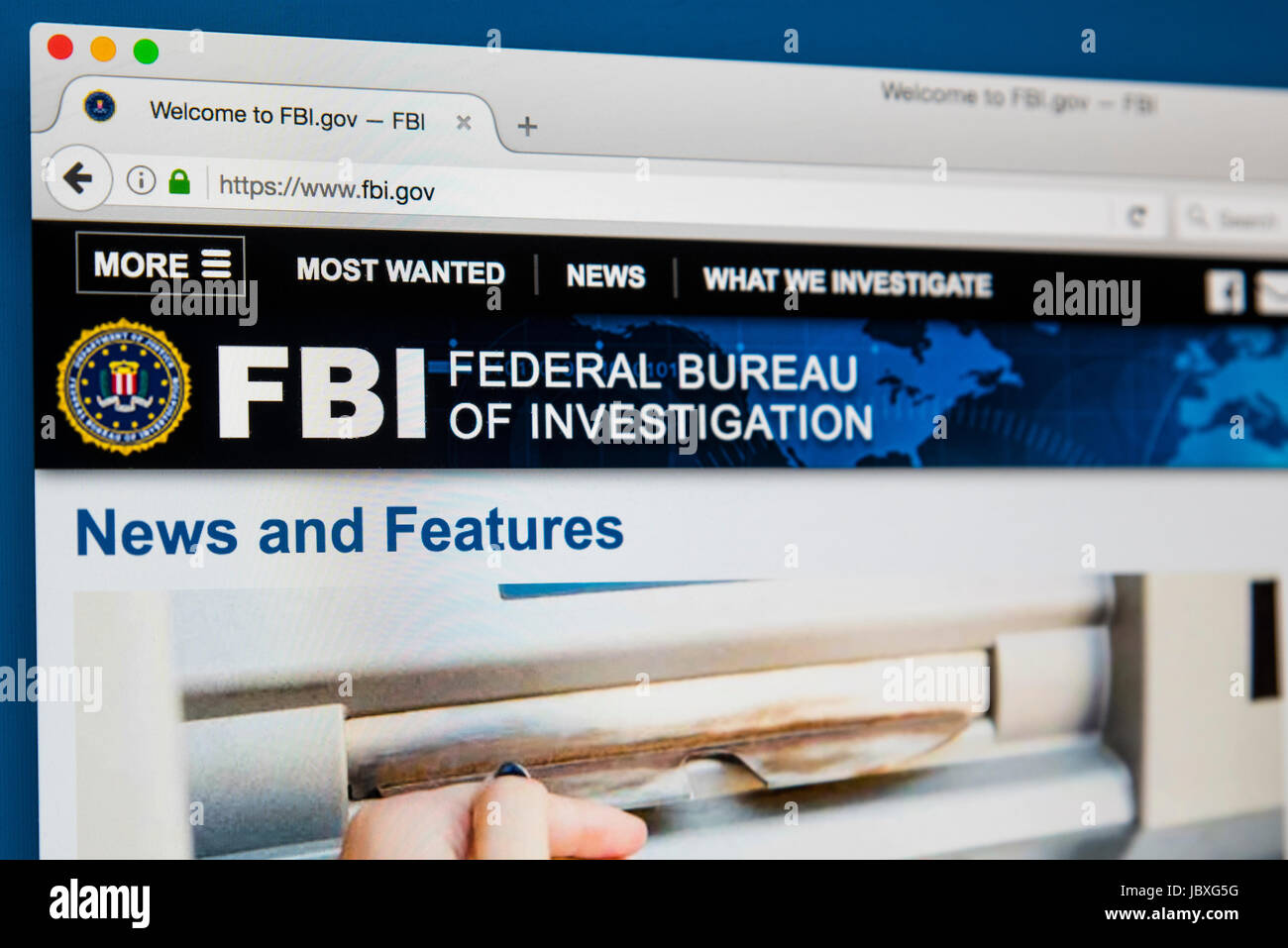 LONDON, UK - JUNE 8TH 2017: The homepage of the official website for the Federal Bureau of Investigation, on 8th June 2017. Stock Photo