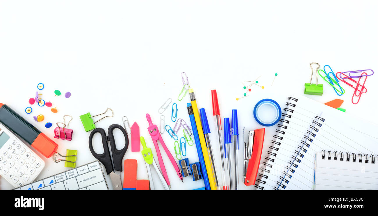 Office - school supplies on white background - copy space Stock Photo ...