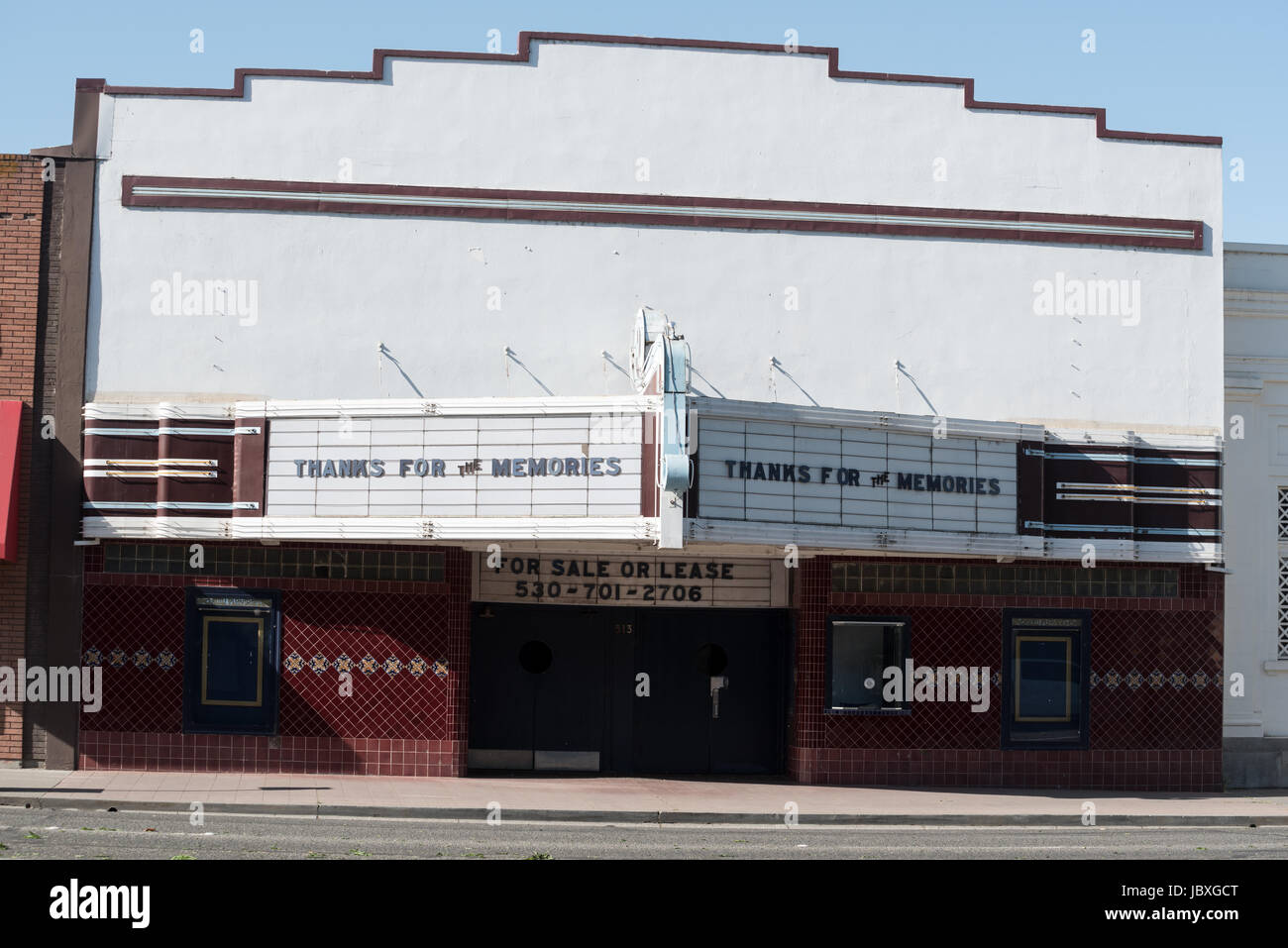 'Thanks for the memories' on the marquee of the closed Colusa Theatre in Colusa, California. Stock Photo