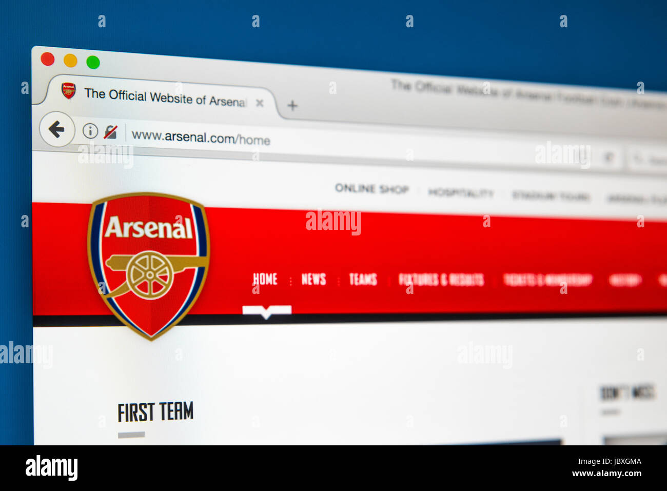 LONDON, UK - JUNE 8TH 2017: The homepage of the official website for Arsenal Football Club, on 8th June 2017. Stock Photo